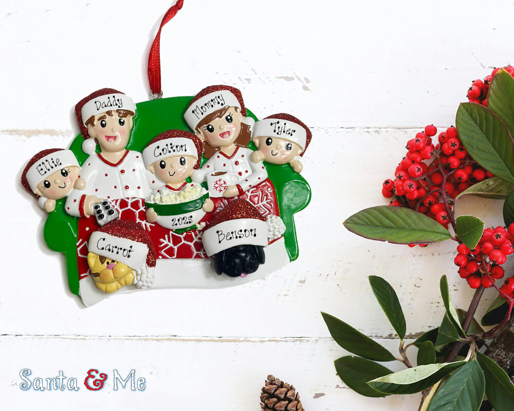 an image of a personalized family ornament with pet add-ons