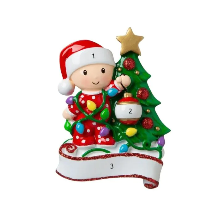 Baby Decorating a Tree / Red Baby Decorating a Tree / Red