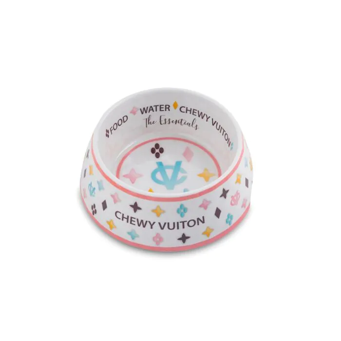 White Chewy Vuiton Water and Food Bowl Set 